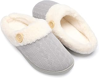 Chantomoo Womens Slipper Warm Comfy Memory Foam House Slippers Knitted Shoes Faux Fur Lined Anti-Skid Rubber Sole Bedroom Cozy