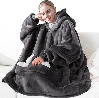 Touchat Wearable Blanket Hoodie, Oversized Sherpa Fleece Sweatshirt Blanket with Giant Hood Pocket and Sleeves for Adult, Warm & Cozy Grey
