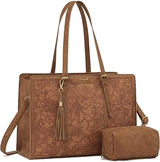 LOVEVOOK Laptop Bag for Women Vintage Leather Work Tote 15.6 inch Large Capacity Computer bag with Clutch Purse for Office, Travel, Casual