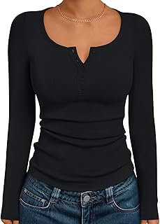 Trendy Queen Long Sleeve Shirts for Women Henley Ribbed Fall Tops Dressy Business Casual Teen Girl Winter Cute Basic Tees