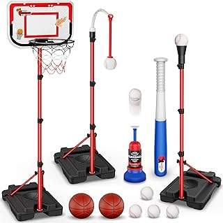 4 in 1 Kids Basketball Hoop and T-Ball Set - Adjustable Hanging T-Ball Stand with Automatic Pitching Machine, Indoor Outdoor Sports