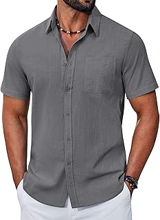 COOFANDY Mens Button Down Shirt Short Sleeve Casual Stylish Cotton Shirts Linen Textured Summer Beach Wedding Shirt