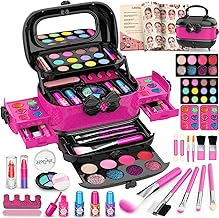 Hollyhi 58 Pcs Kids Makeup Kit for Girl, Princess Toys Real Washable Cosmetic Set with Mirror, Kids Makeup Sets for Girls, Play Make Up Birthday Gifts for 3 4 5 6 7 8 9 10 11 12 Years Old Kid (Rose)