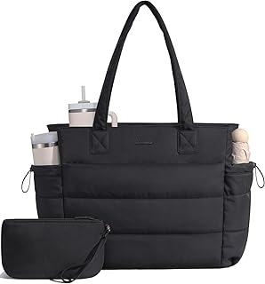 LOVEVOOK Tote Bag for Women with Giant Tumbler Holder Pocket, Puffer Work Travel Laptop Handbag with Zipper for Nurse Teacher