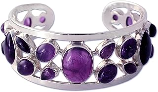 NOVICA Artisan Crafted Sterling Silver Studded Amethyst Cuff Bracelet | No Clasp Type | Purple Gemstone | Box Chain Jewelry | Lead & Nickel