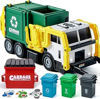 JOYIN Large Friction Powered Garbage Truck Toy Set, Includes Dumpster, Trash Bins, and Learning Cards for Kids, Boy Toys Birthday Gift